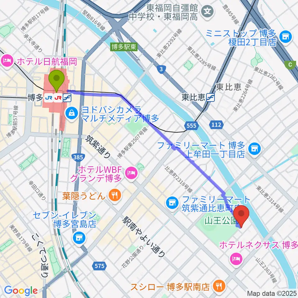 博多駅から福岡市立博多市民センターへのルートマップ地図