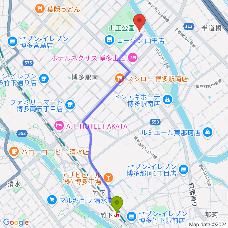 竹下駅から福岡市立博多市民センターへのルートマップ地図