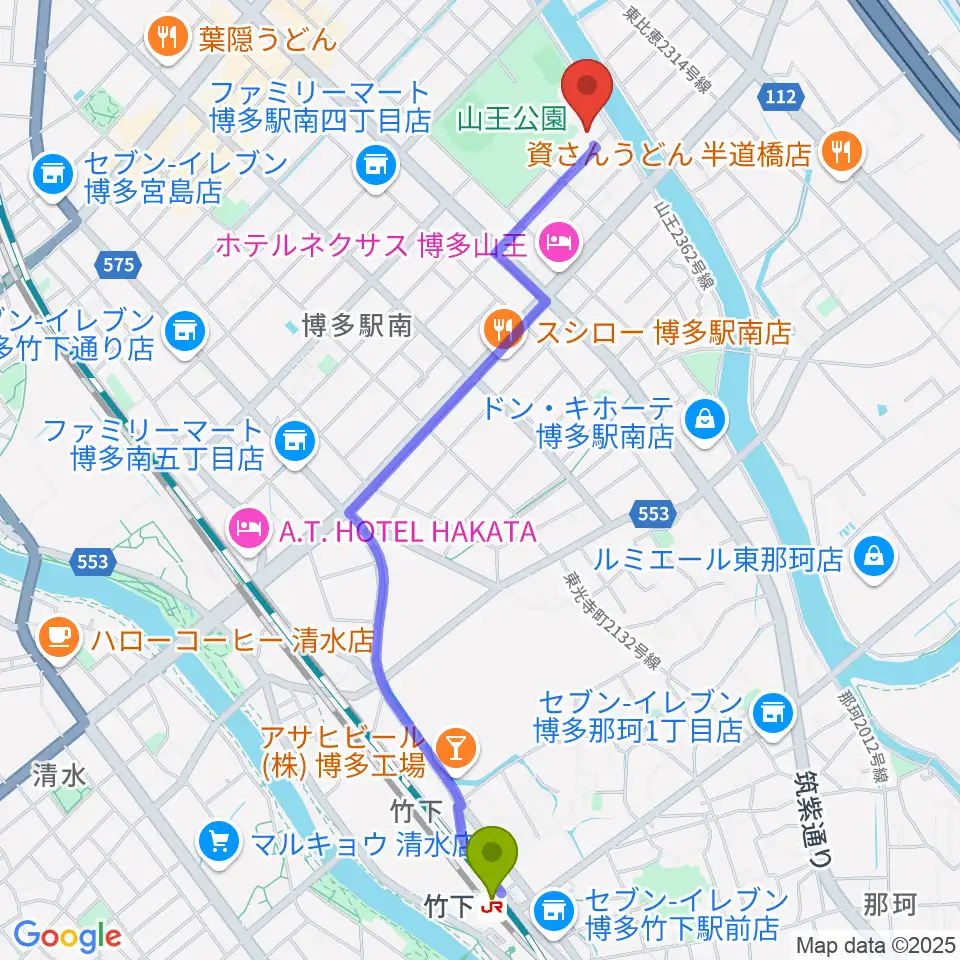 竹下駅から福岡市立博多市民センターへのルートマップ地図