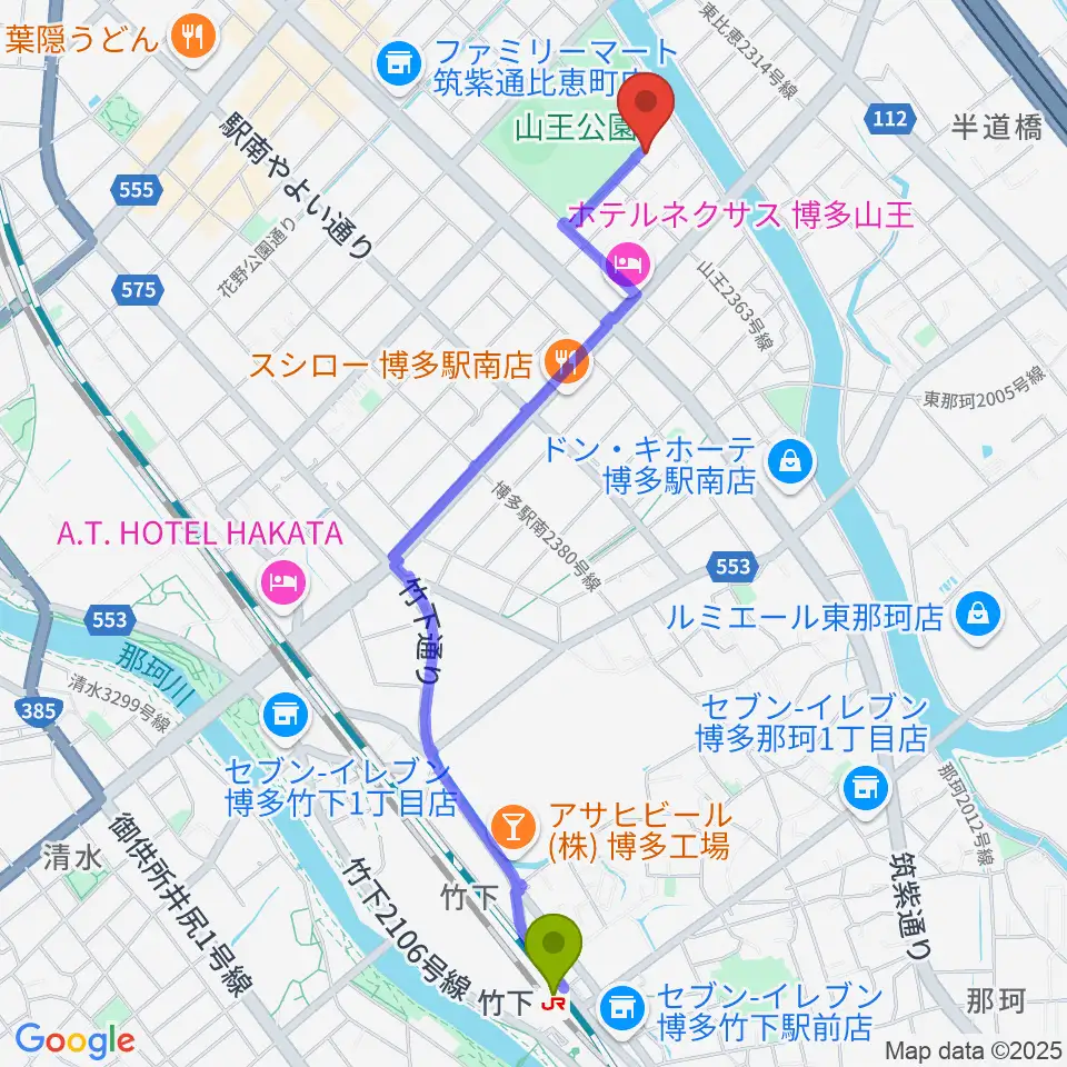 竹下駅から福岡市立博多市民センターへのルートマップ地図