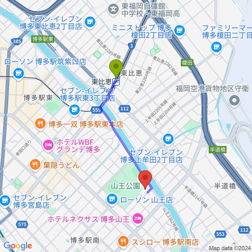 福岡市立博多市民センターの最寄駅東比恵駅からの徒歩ルート（約14分）地図