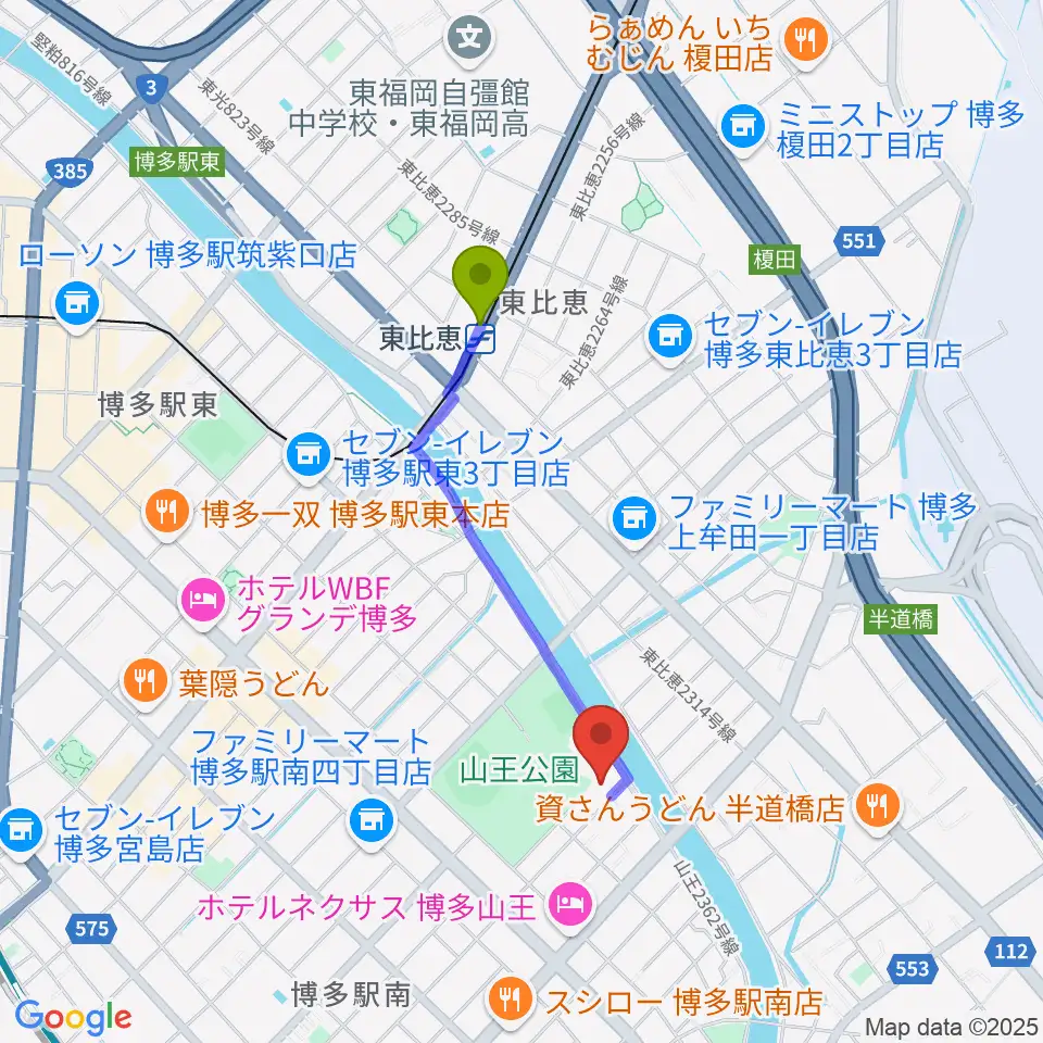 福岡市立博多市民センターの最寄駅東比恵駅からの徒歩ルート（約14分）地図