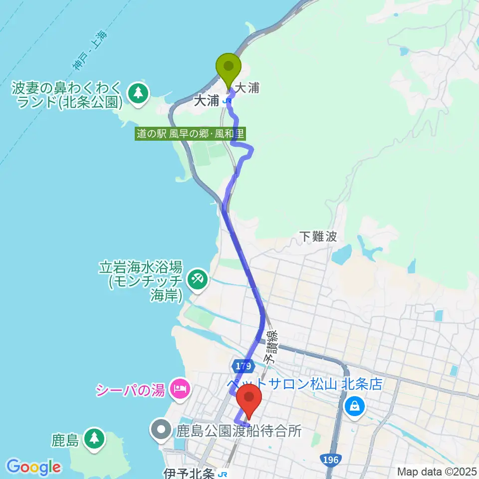 大浦駅から松山市北条市民会館へのルートマップ地図