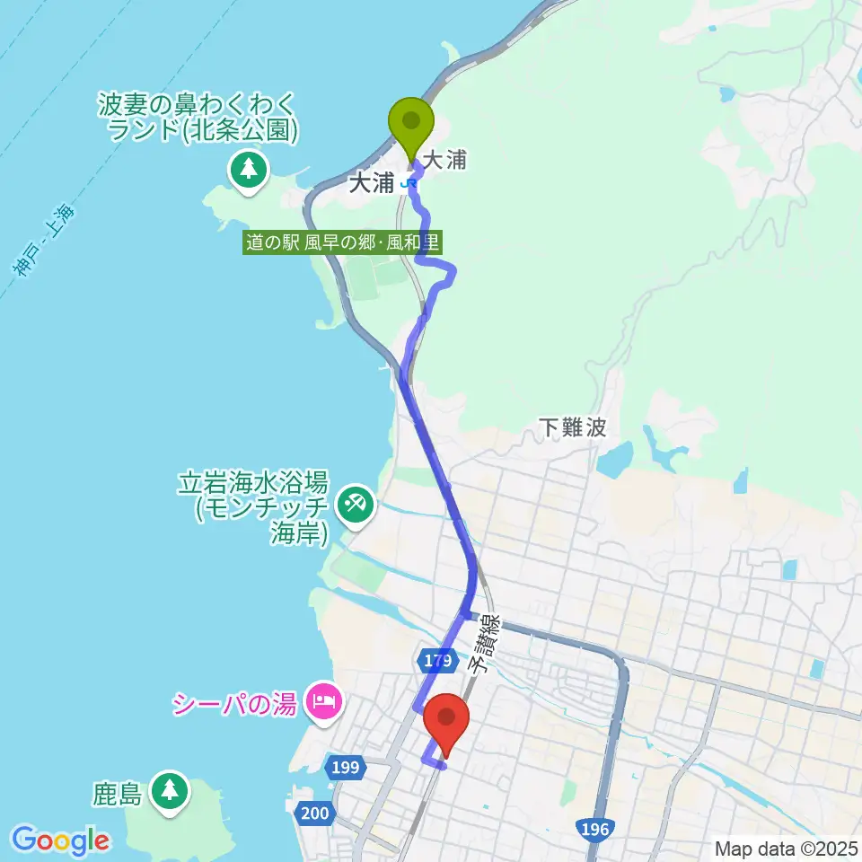 大浦駅から松山市北条市民会館へのルートマップ地図