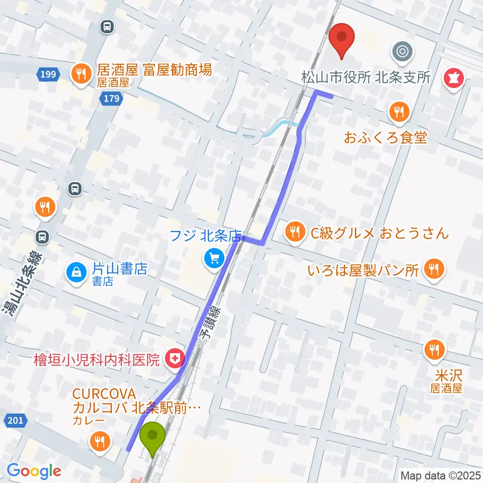 松山市北条市民会館の最寄駅伊予北条駅からの徒歩ルート（約7分）地図