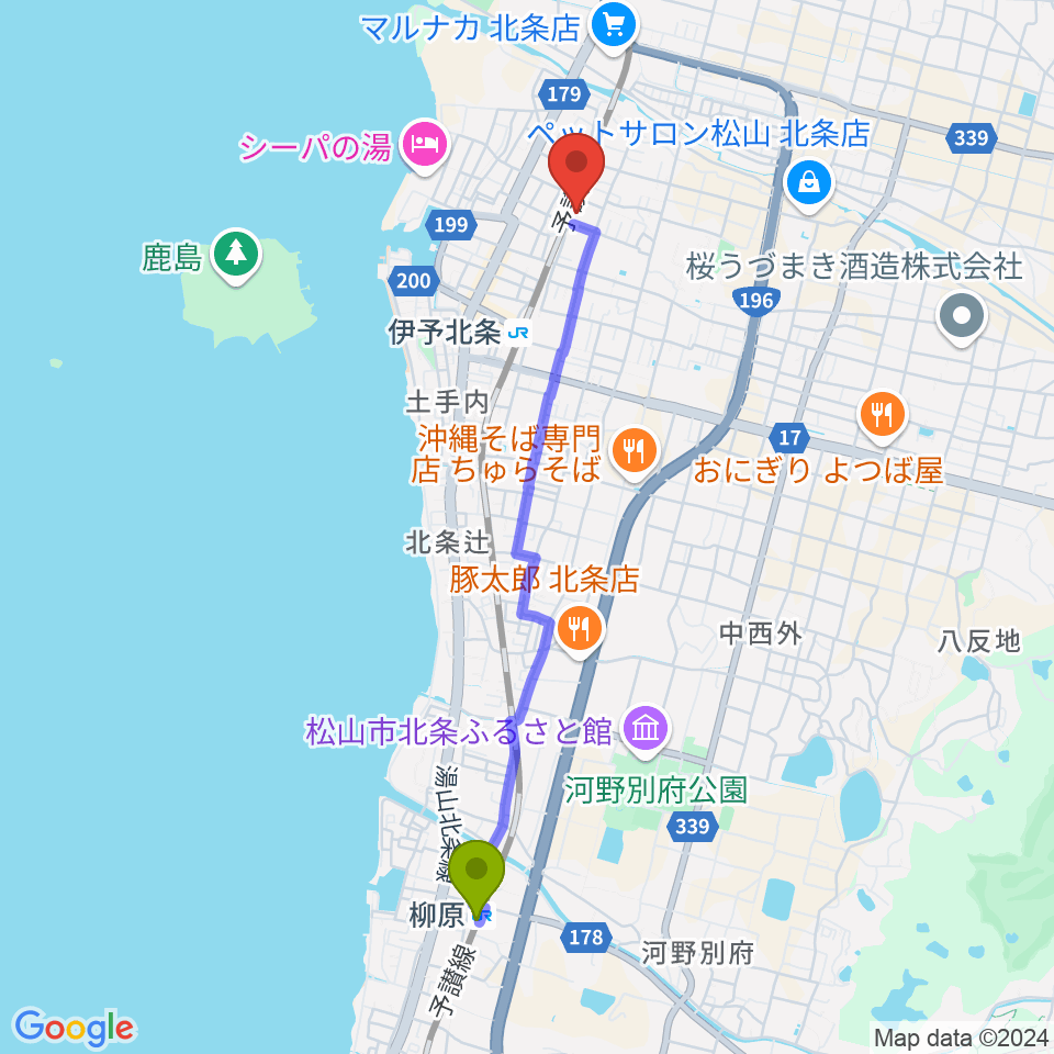 柳原駅から松山市北条市民会館へのルートマップ地図