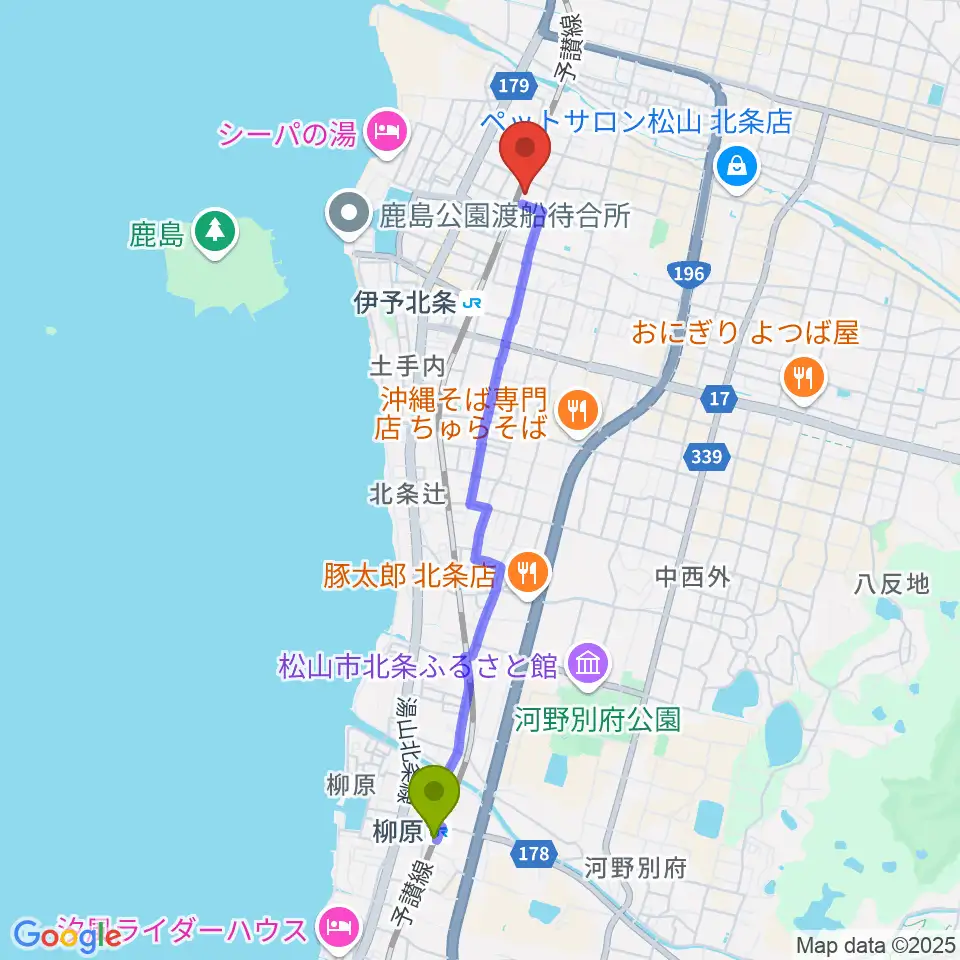 柳原駅から松山市北条市民会館へのルートマップ地図