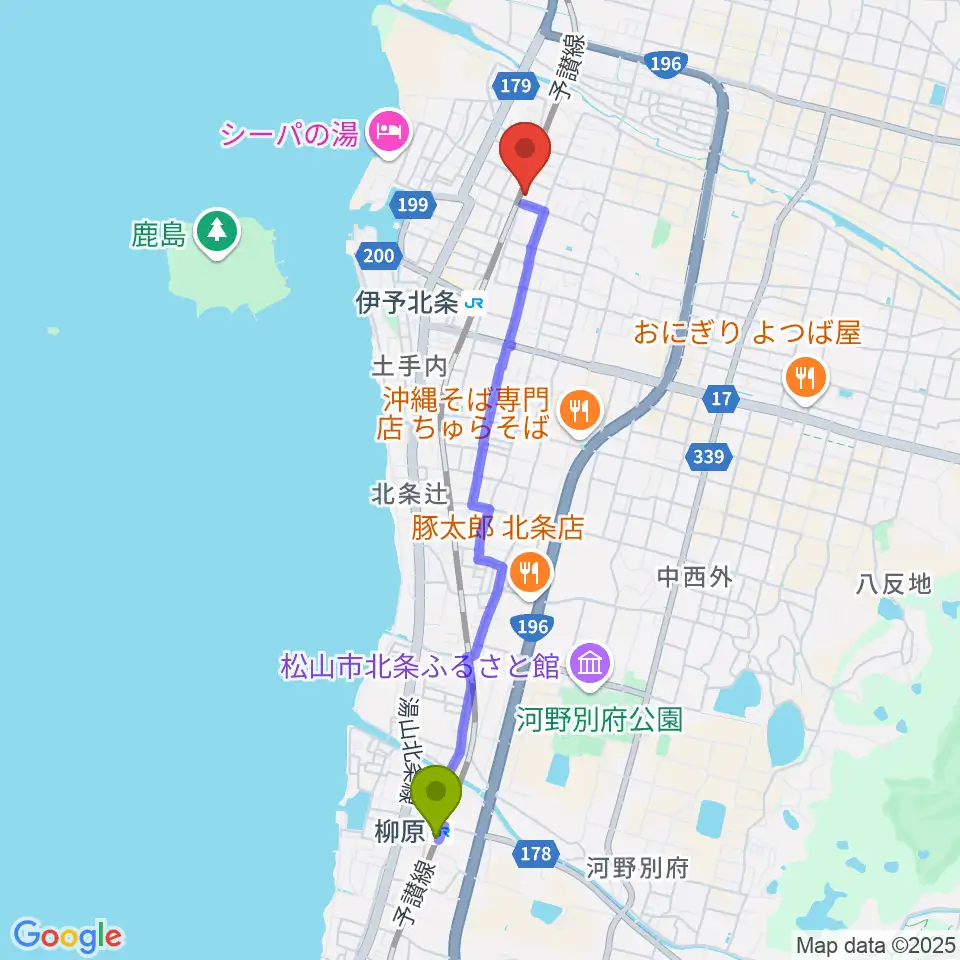 柳原駅から松山市北条市民会館へのルートマップ地図
