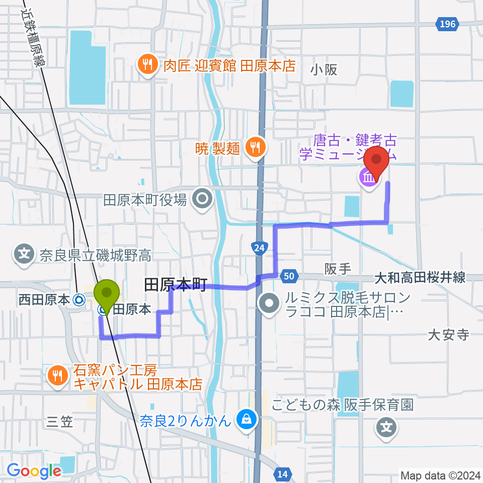 弥生の里ホールの最寄駅田原本駅からの徒歩ルート（約20分）地図