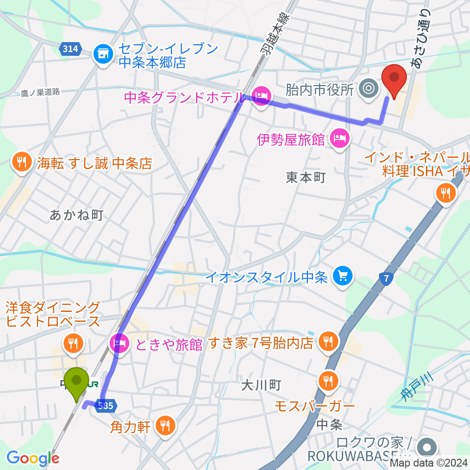 胎内市産業文化会館の最寄駅中条駅からの徒歩ルート（約28分）地図