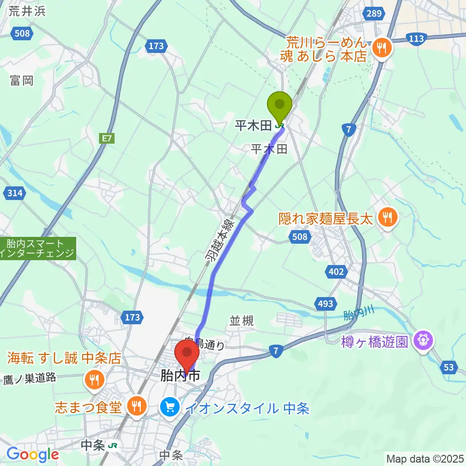 平木田駅から胎内市産業文化会館へのルートマップ地図
