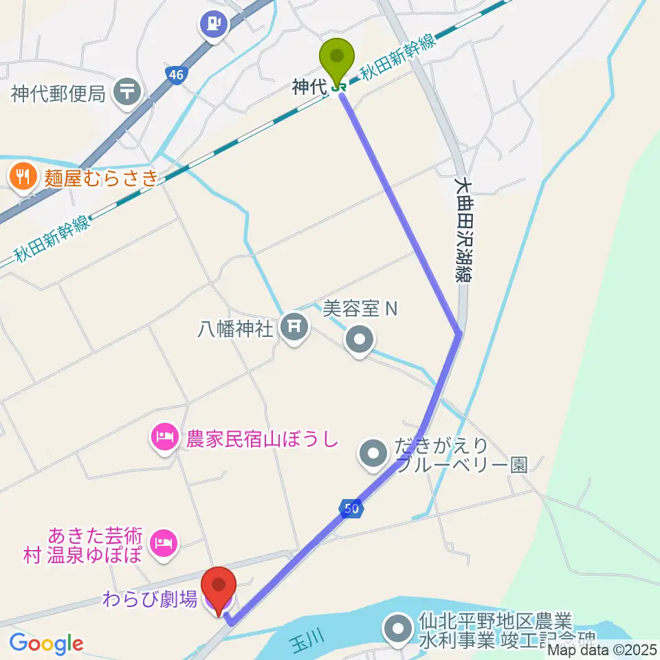 あきた芸術村 わらび劇場の最寄駅神代駅からの徒歩ルート（約24分）地図