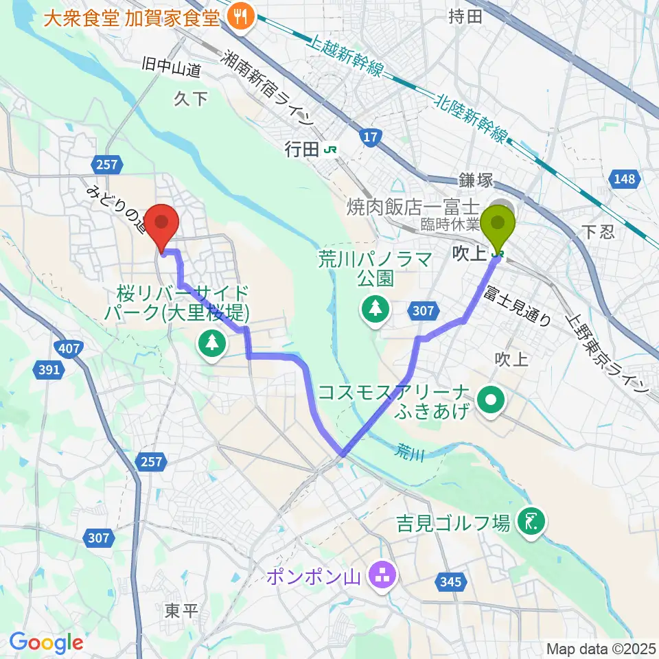 吹上駅から大里生涯学習センター「あすねっと」へのルートマップ地図