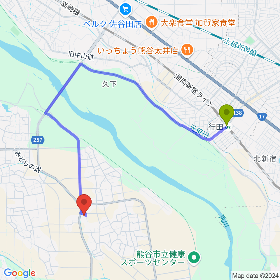 大里生涯学習センター「あすねっと」の最寄駅行田駅からの徒歩ルート（約37分）地図