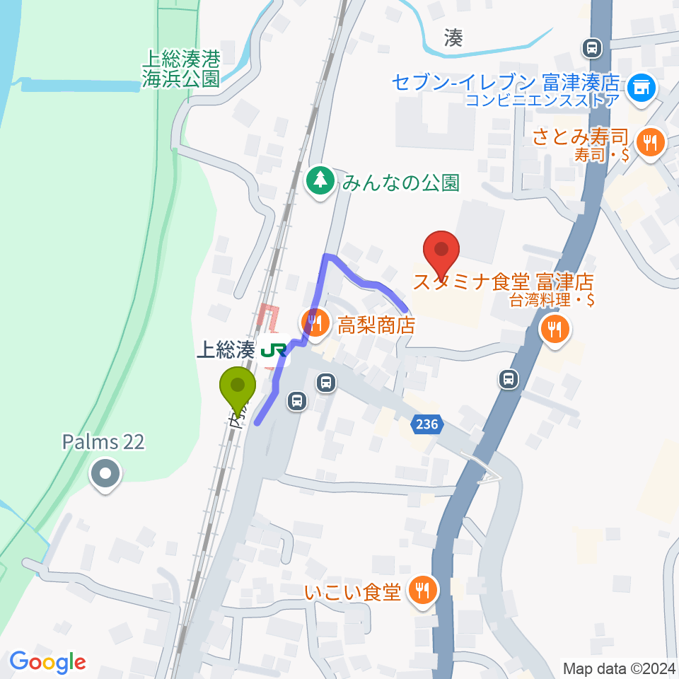 富津市民会館の最寄駅上総湊駅からの徒歩ルート（約3分）地図