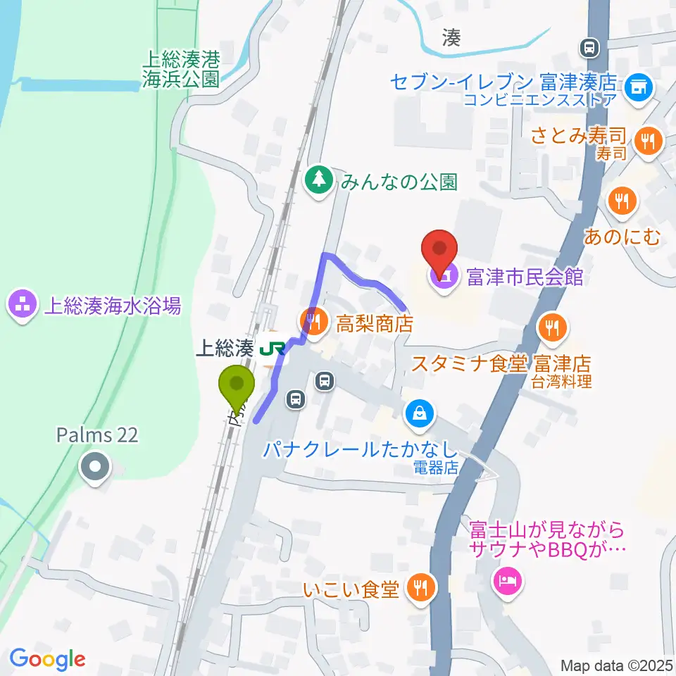 富津市民会館の最寄駅上総湊駅からの徒歩ルート（約3分）地図