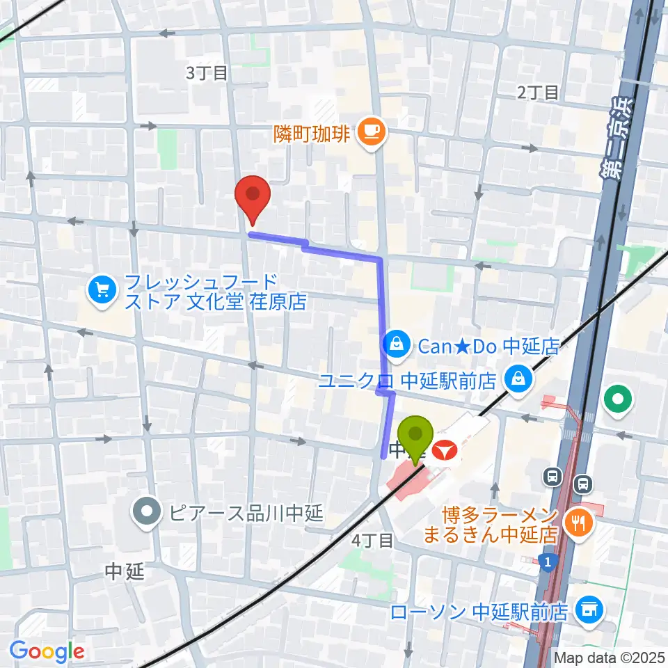 中延アイランドスタジオの最寄駅中延駅からの徒歩ルート（約3分）地図
