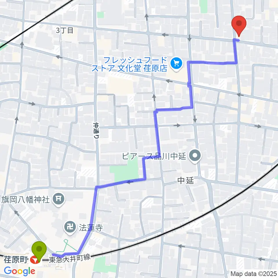 荏原町駅から中延アイランドスタジオへのルートマップ地図