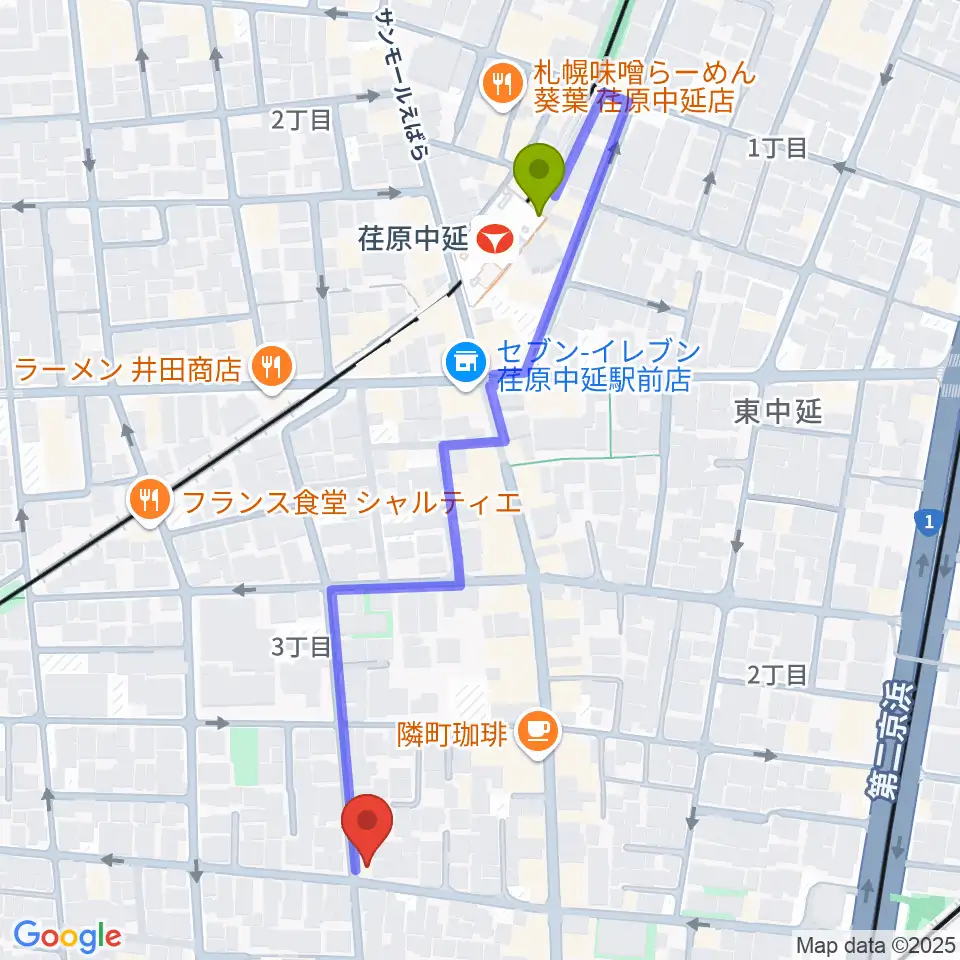荏原中延駅から中延アイランドスタジオへのルートマップ地図