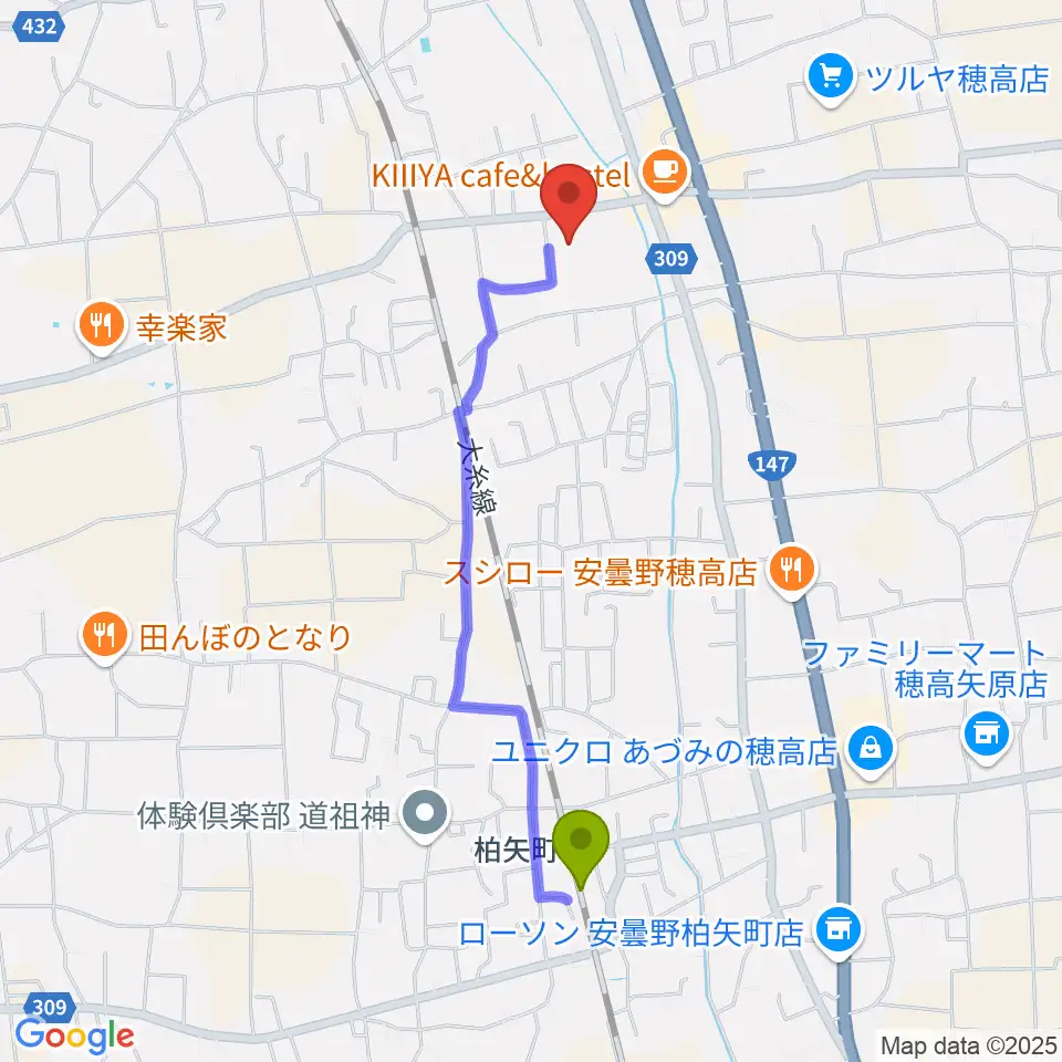 柏矢町駅から穂高交流学習センターみらいへのルートマップ地図