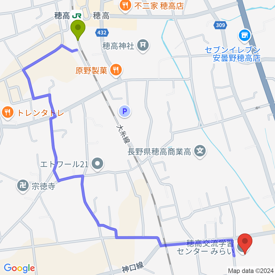 穂高交流学習センターみらいの最寄駅穂高駅からの徒歩ルート（約15分）地図