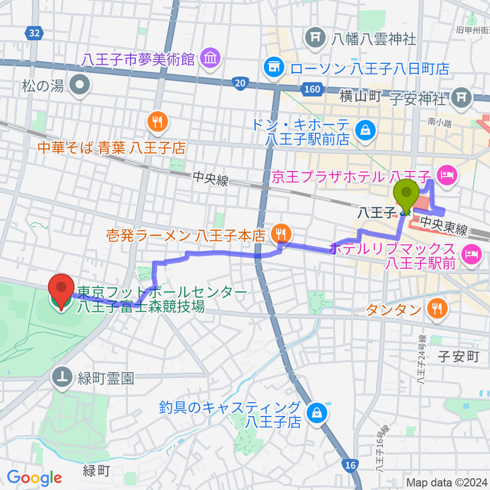 八王子駅から東京フットボールセンター八王子富士森競技場へのルートマップ地図