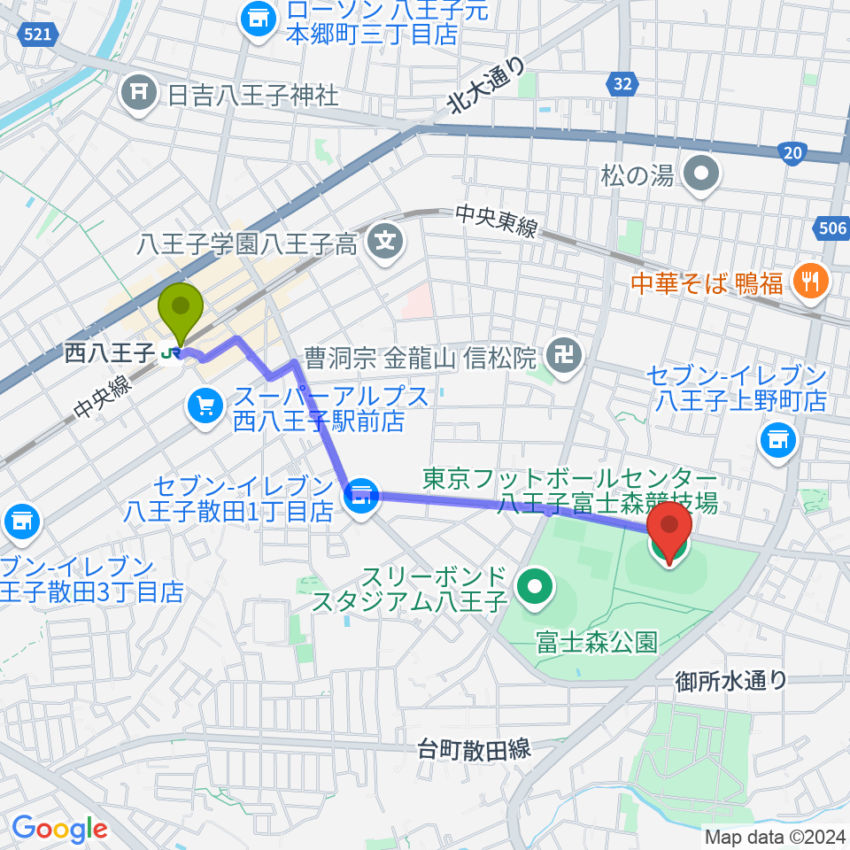 西八王子駅から東京フットボールセンター八王子富士森競技場へのルートマップ地図