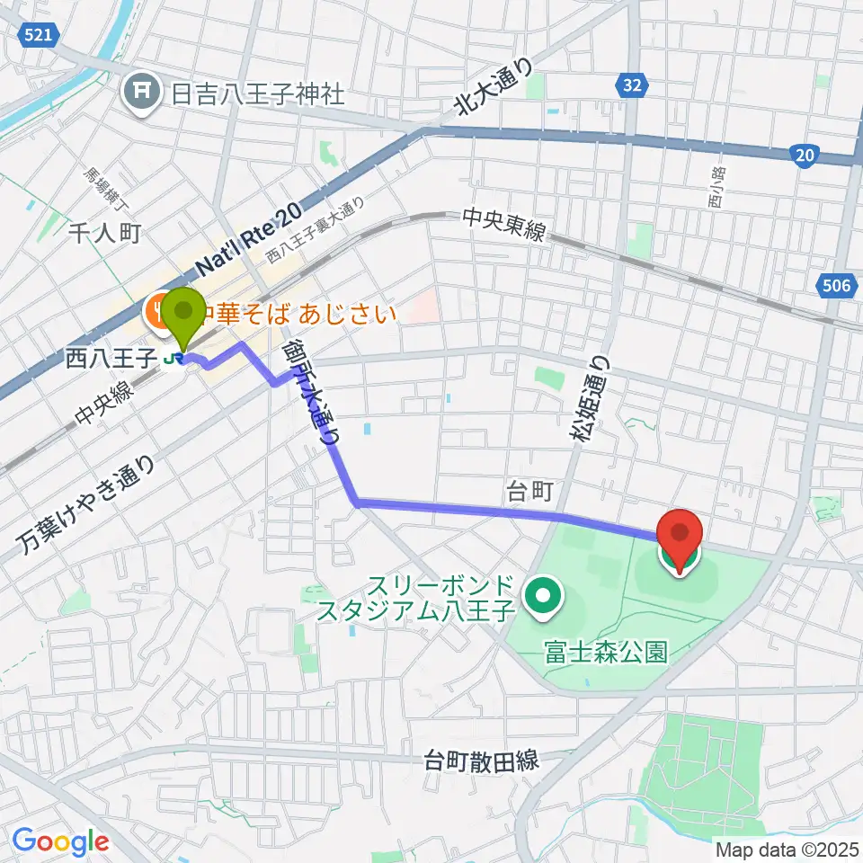 西八王子駅から東京フットボールセンター八王子富士森競技場へのルートマップ地図
