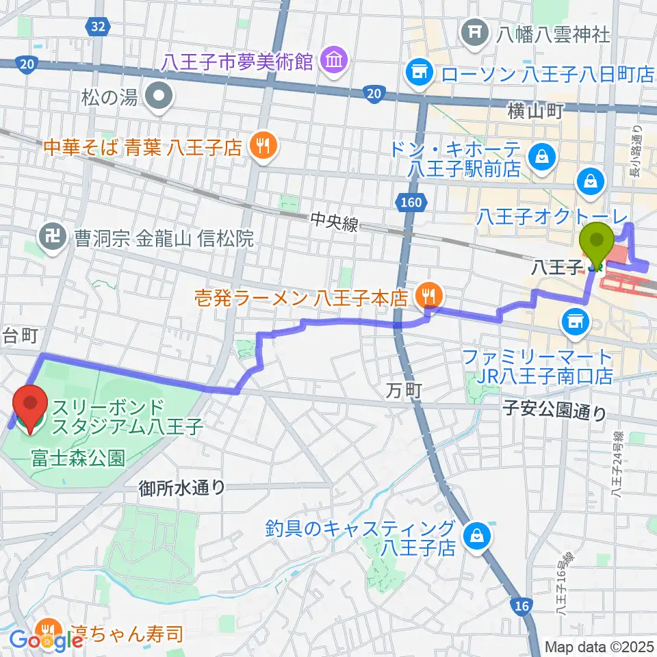 八王子駅からスリーボンドスタジアム八王子へのルートマップ地図