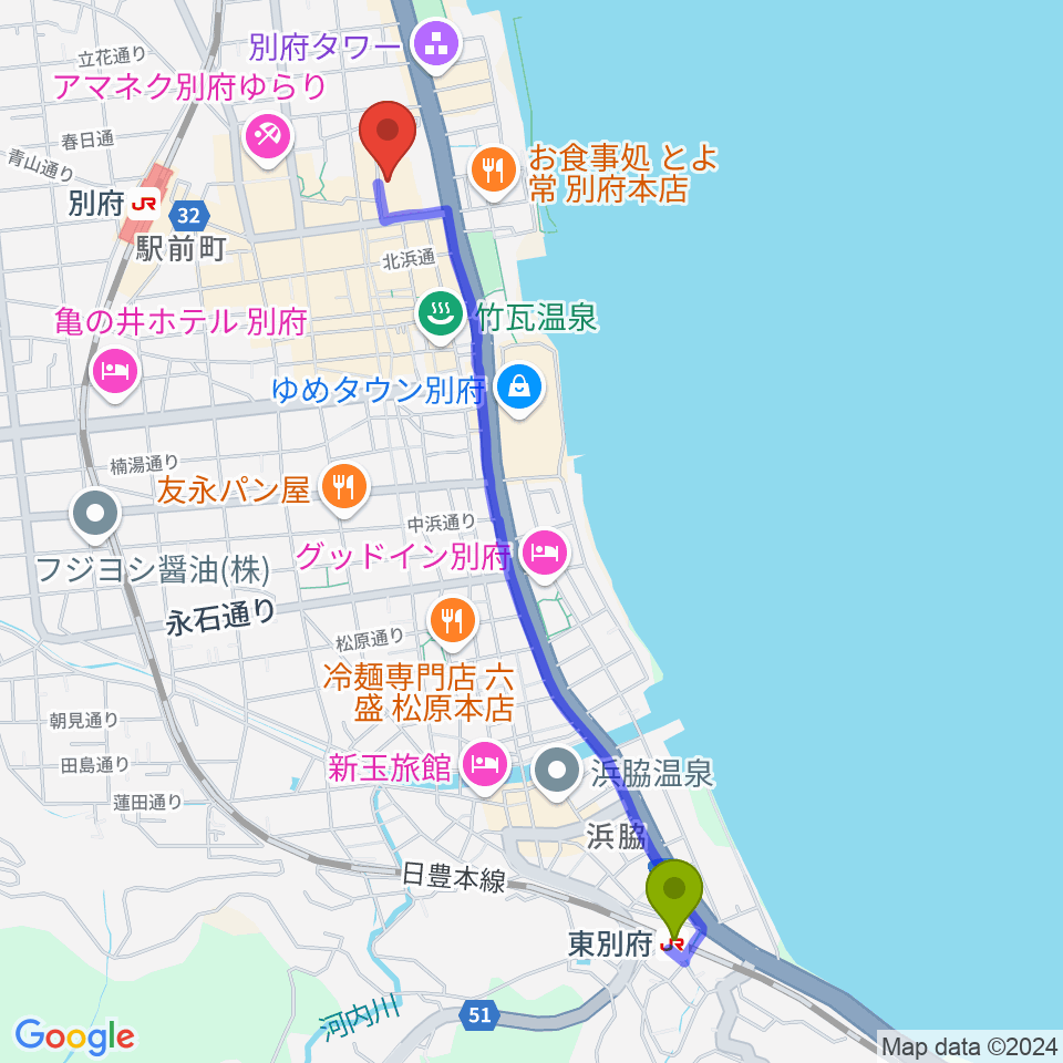 東別府駅からぶらり劇場別府座へのルートマップ地図