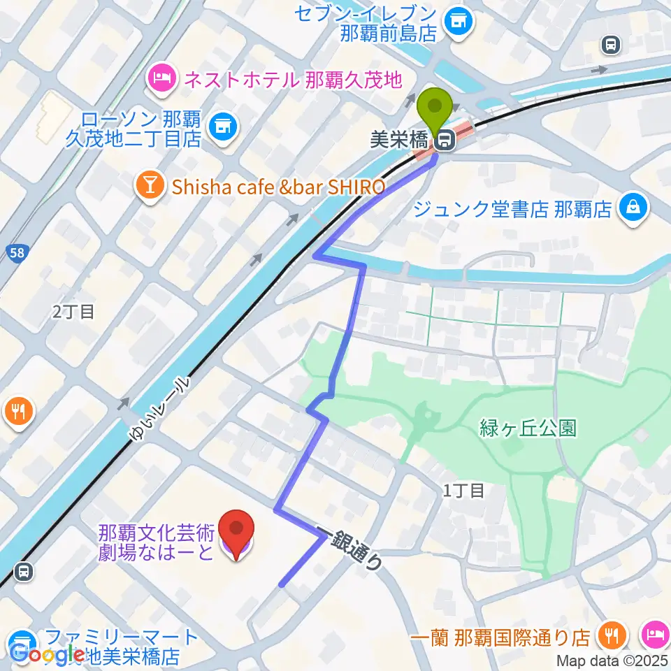 那覇文化芸術劇場なはーとの最寄駅美栄橋駅からの徒歩ルート（約6分）地図