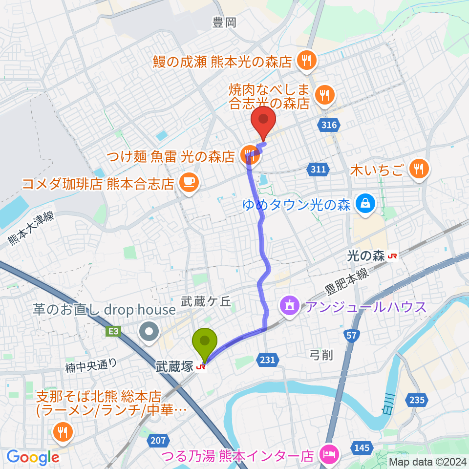 武蔵塚駅から柴田樹音楽教室へのルートマップ地図