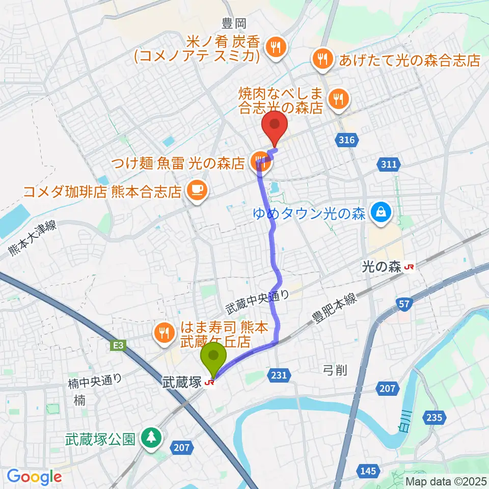 武蔵塚駅から柴田樹音楽教室へのルートマップ地図