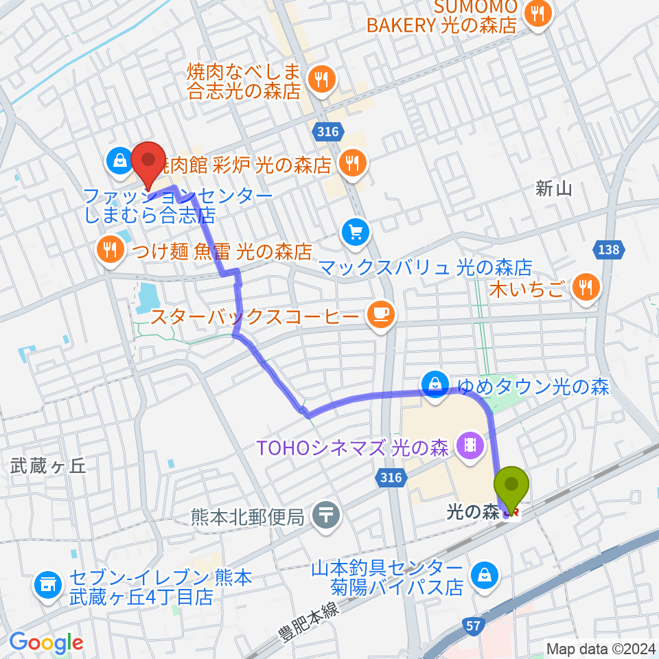 柴田樹音楽教室の最寄駅光の森駅からの徒歩ルート（約24分）地図