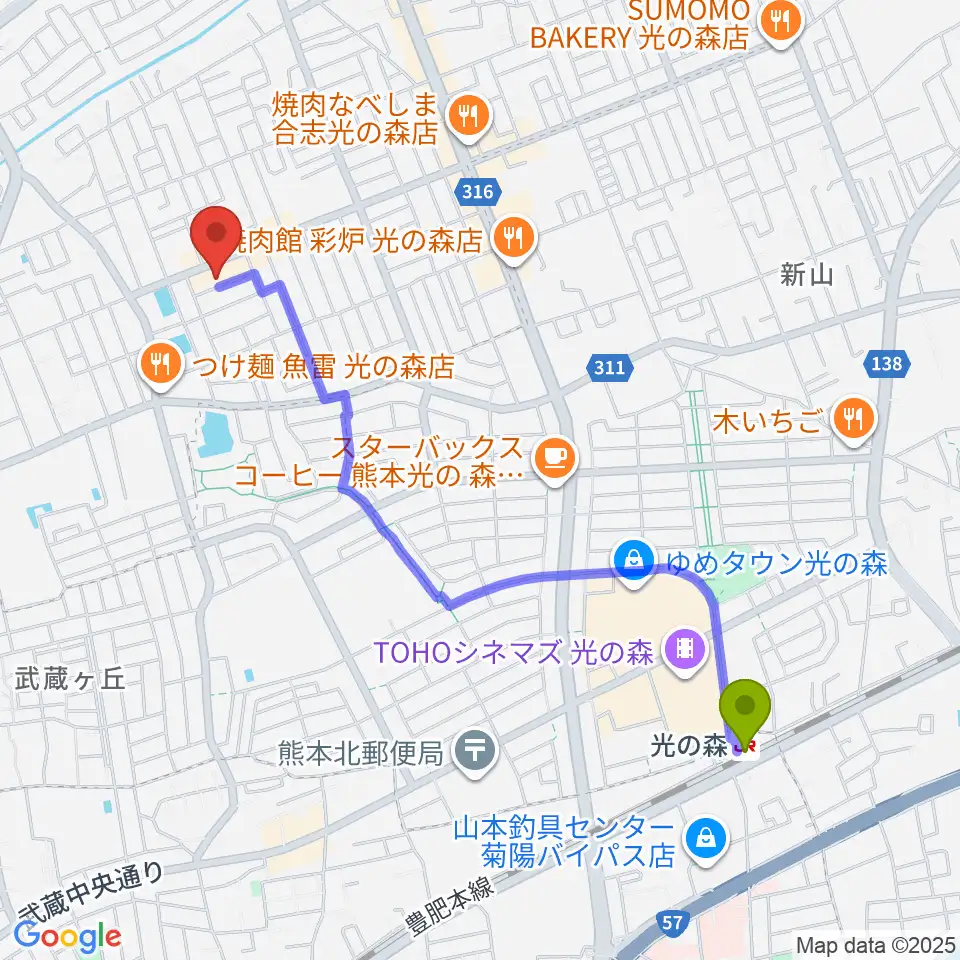 柴田樹音楽教室の最寄駅光の森駅からの徒歩ルート（約24分）地図