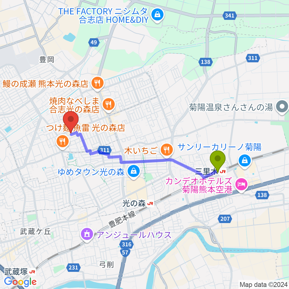 三里木駅から柴田樹音楽教室へのルートマップ地図