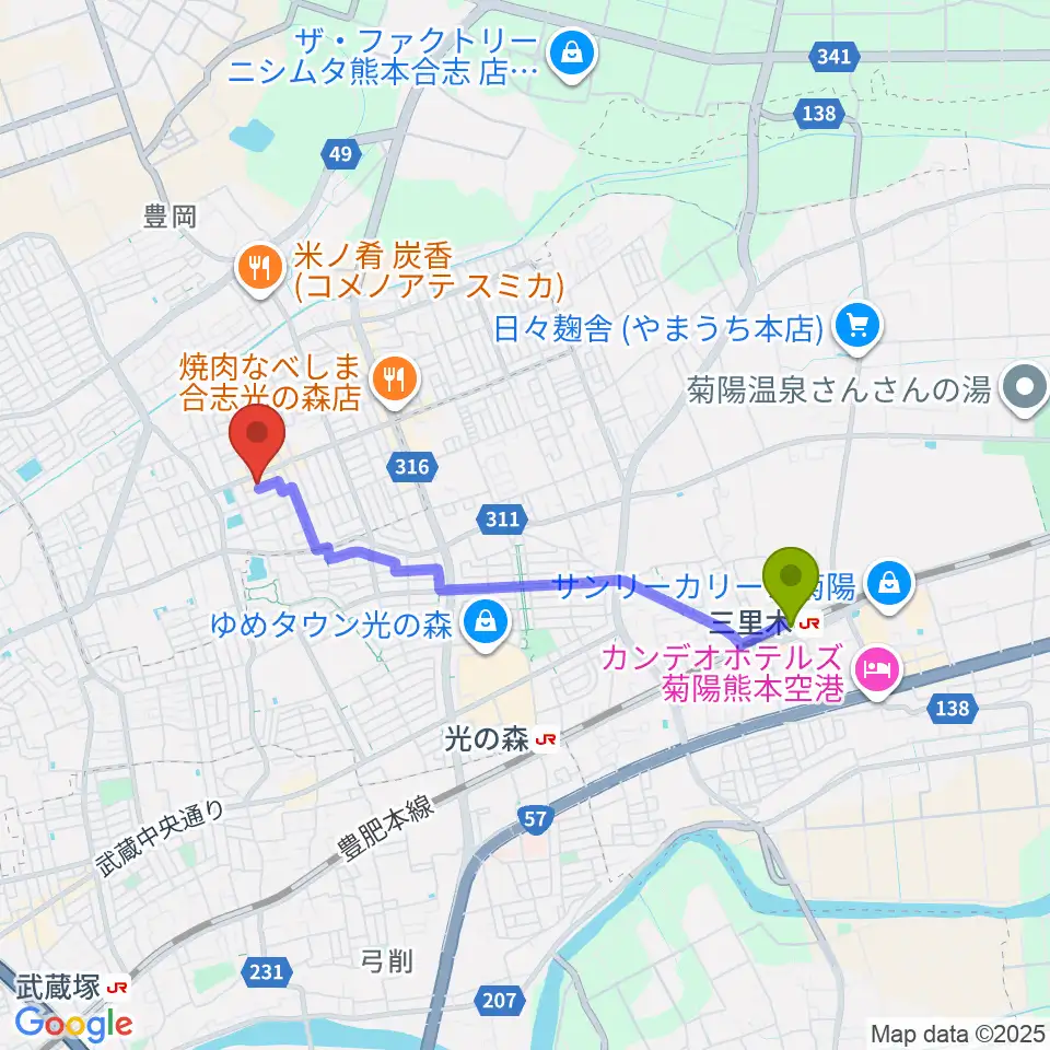 三里木駅から柴田樹音楽教室へのルートマップ地図