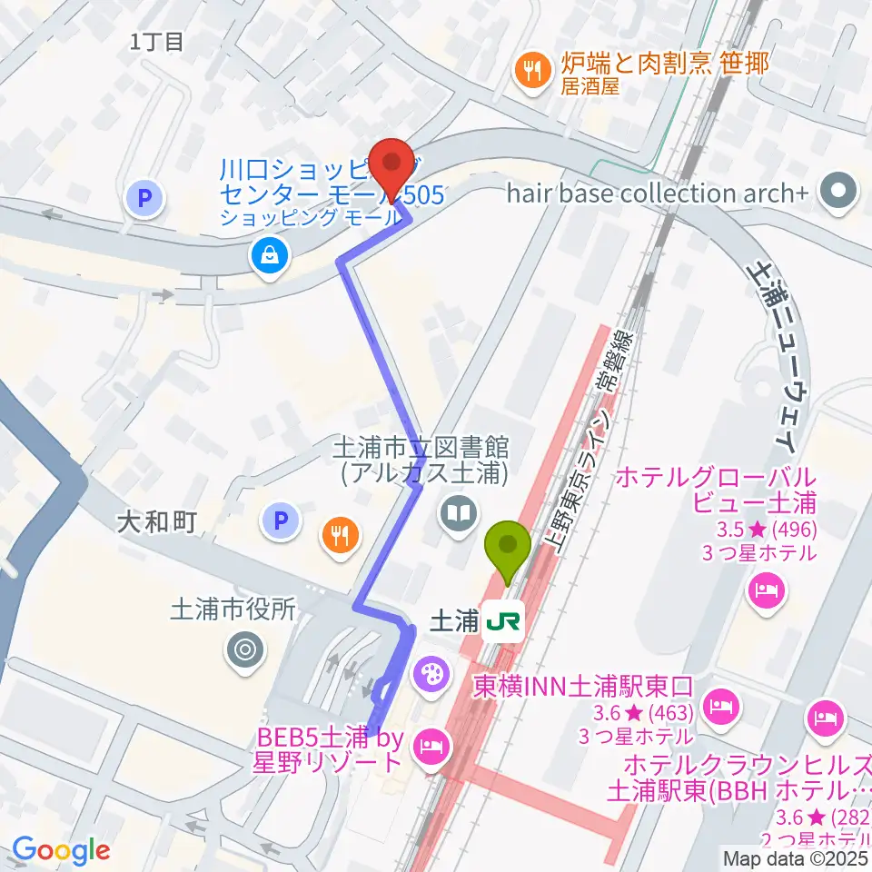 土浦VBOXの最寄駅土浦駅からの徒歩ルート（約4分）地図