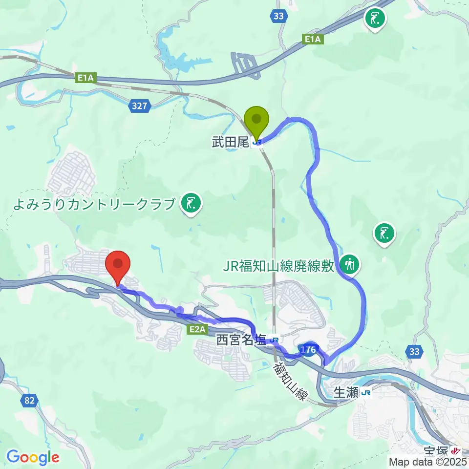 武田尾駅から志間ギター・ウクレレ教室へのルートマップ地図