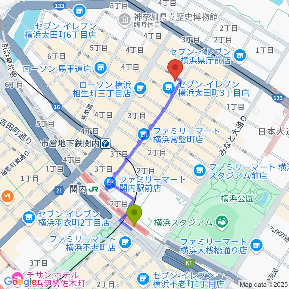 関内駅からホムラサウンド横浜スタジオへのルートマップ地図