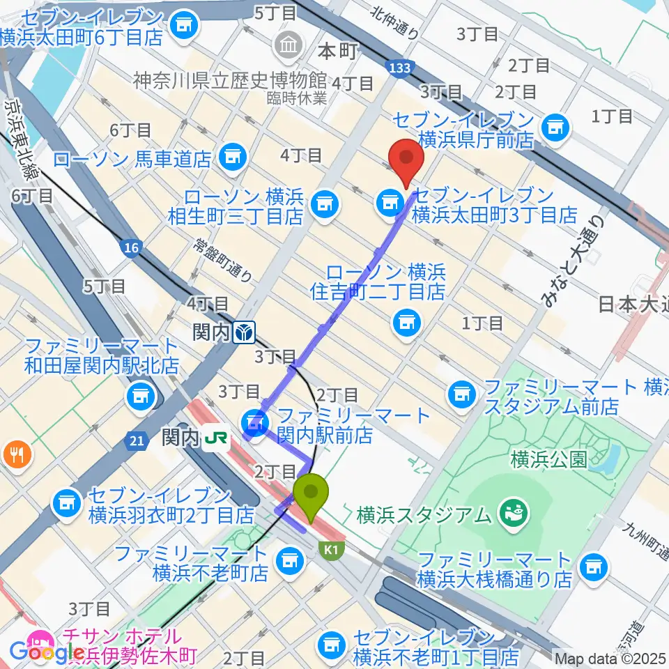 関内駅からホムラサウンド横浜スタジオへのルートマップ地図