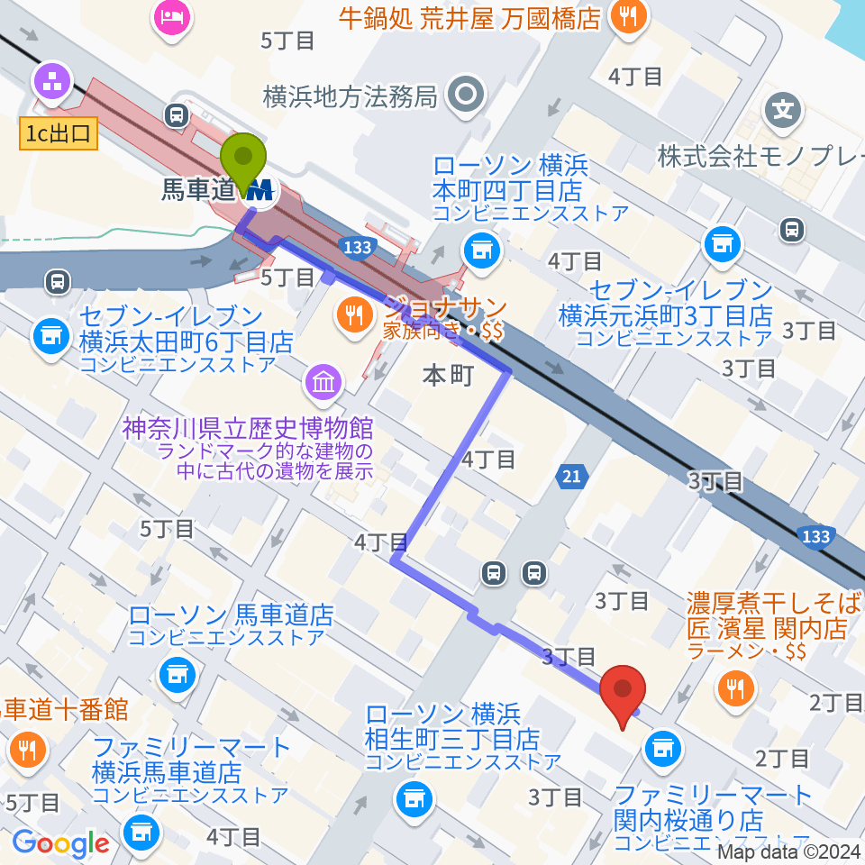 ホムラサウンド横浜スタジオの最寄駅馬車道駅からの徒歩ルート（約6分）地図