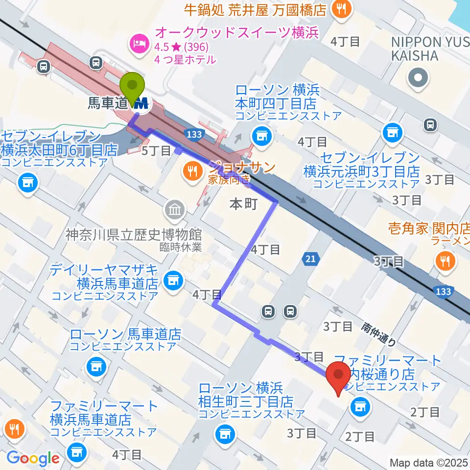 ホムラサウンド横浜スタジオの最寄駅馬車道駅からの徒歩ルート（約6分）地図