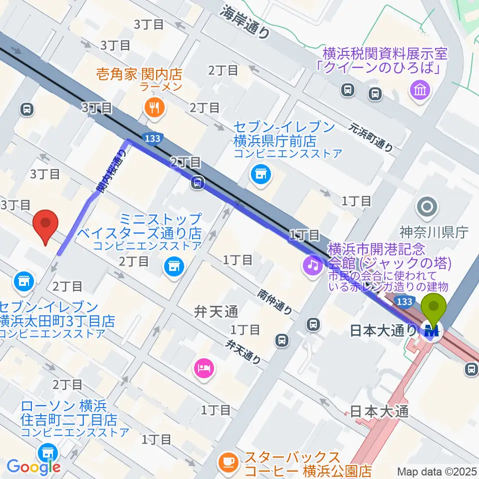 日本大通り駅からホムラサウンド横浜スタジオへのルートマップ地図