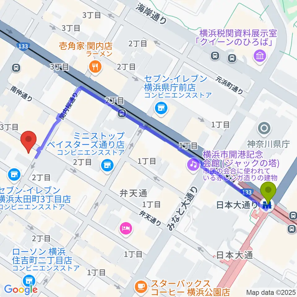 日本大通り駅からホムラサウンド横浜スタジオへのルートマップ地図