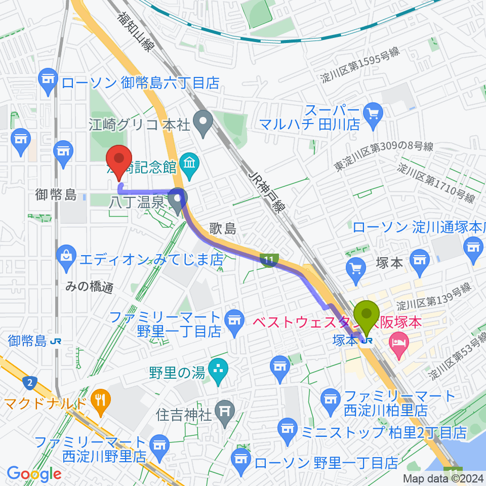 塚本駅から近藤技研工業 西淀川区民ホールへのルートマップ地図