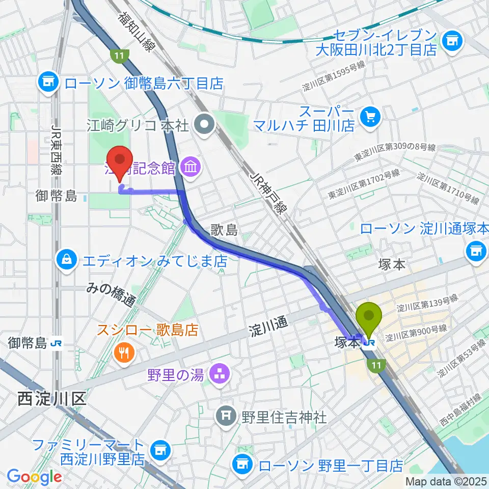 塚本駅から近藤技研工業 西淀川区民ホールへのルートマップ地図