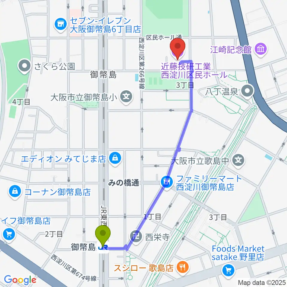 近藤技研工業 西淀川区民ホールの最寄駅御幣島駅からの徒歩ルート（約11分）地図