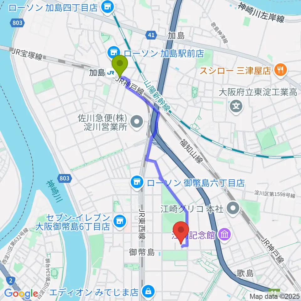 加島駅から近藤技研工業 西淀川区民ホールへのルートマップ地図