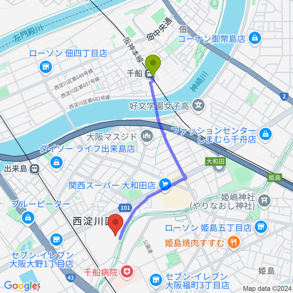 千船駅から西淀川区民会館（エルモ西淀川）へのルートマップ地図